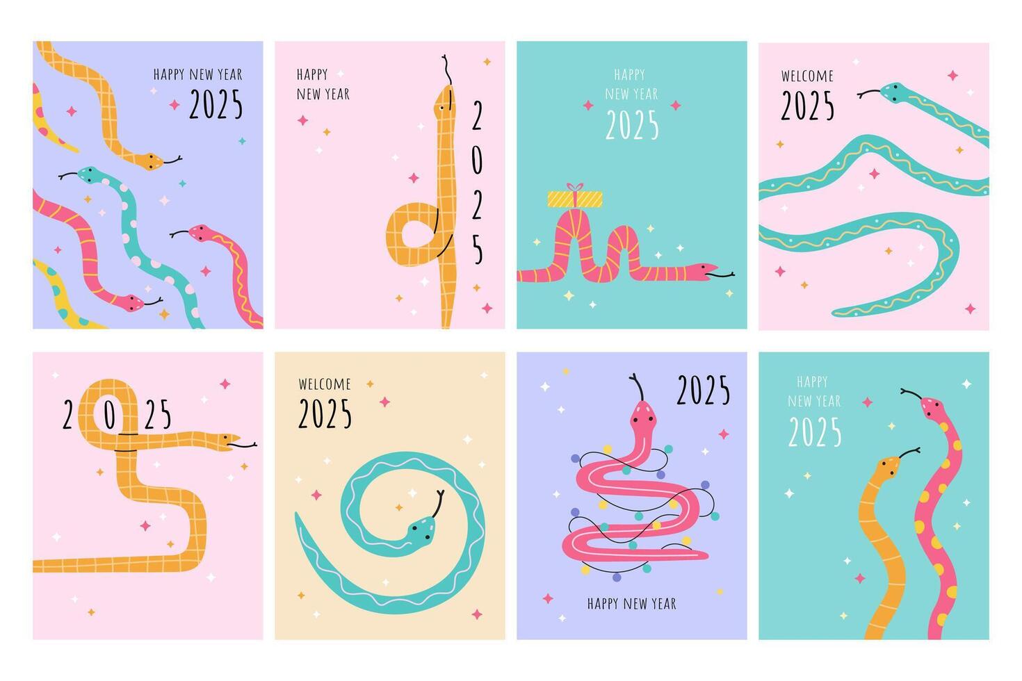 Funny snake greeting card big set vector