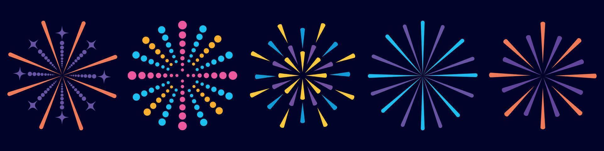 Set of colorful fireworks on a dark background. vector