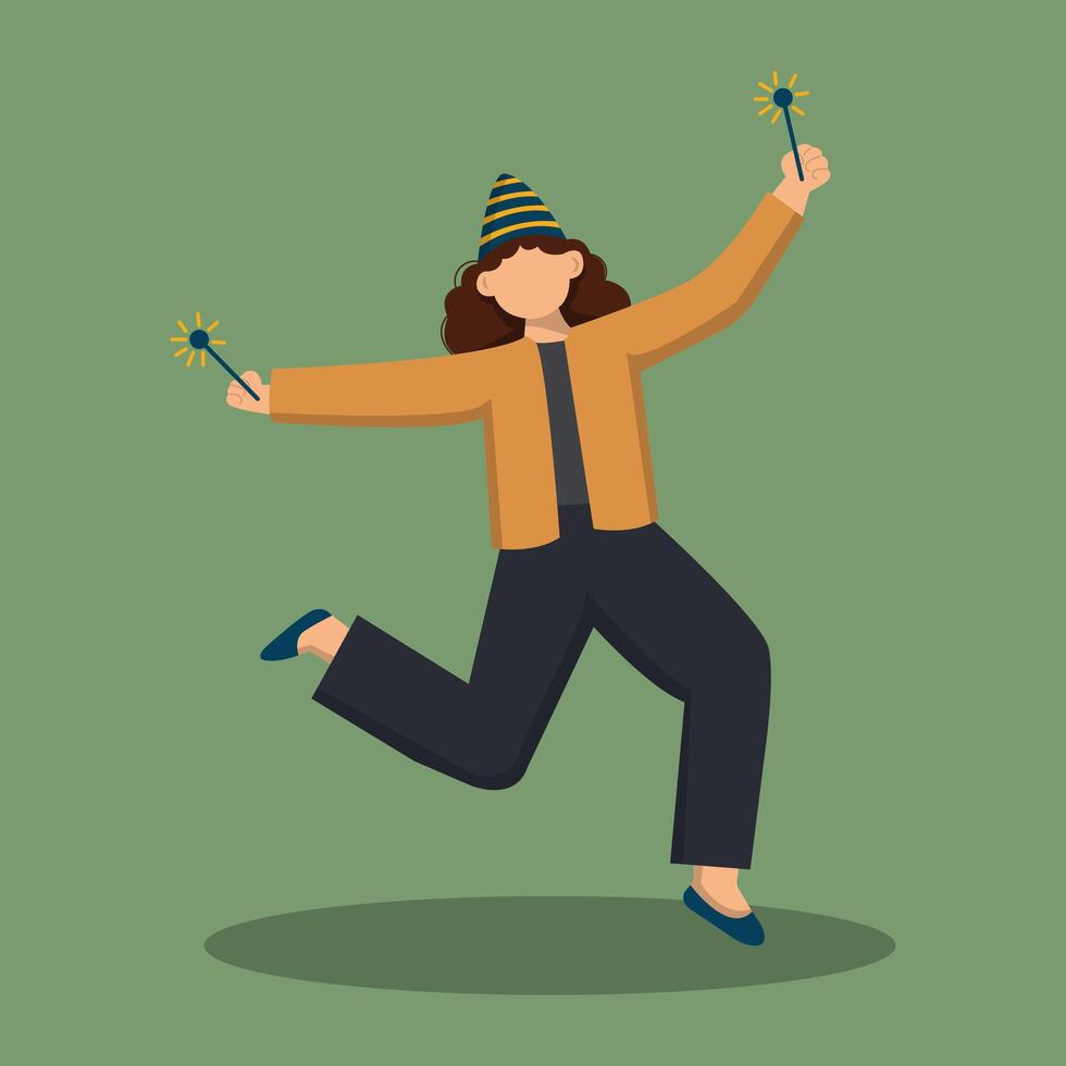 illustration of a happy young woman in party clothes with sparklers and a hat vector