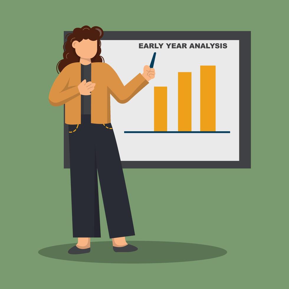 cartoon illustration of a young woman in a business suit standing near the big chart and pointing the index finger. vector