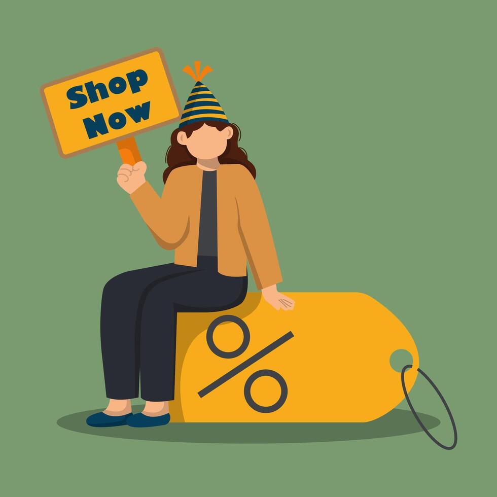 illustration of a girl sitting on the tag with percent. special offer discount background for social media Promotion poster. vector