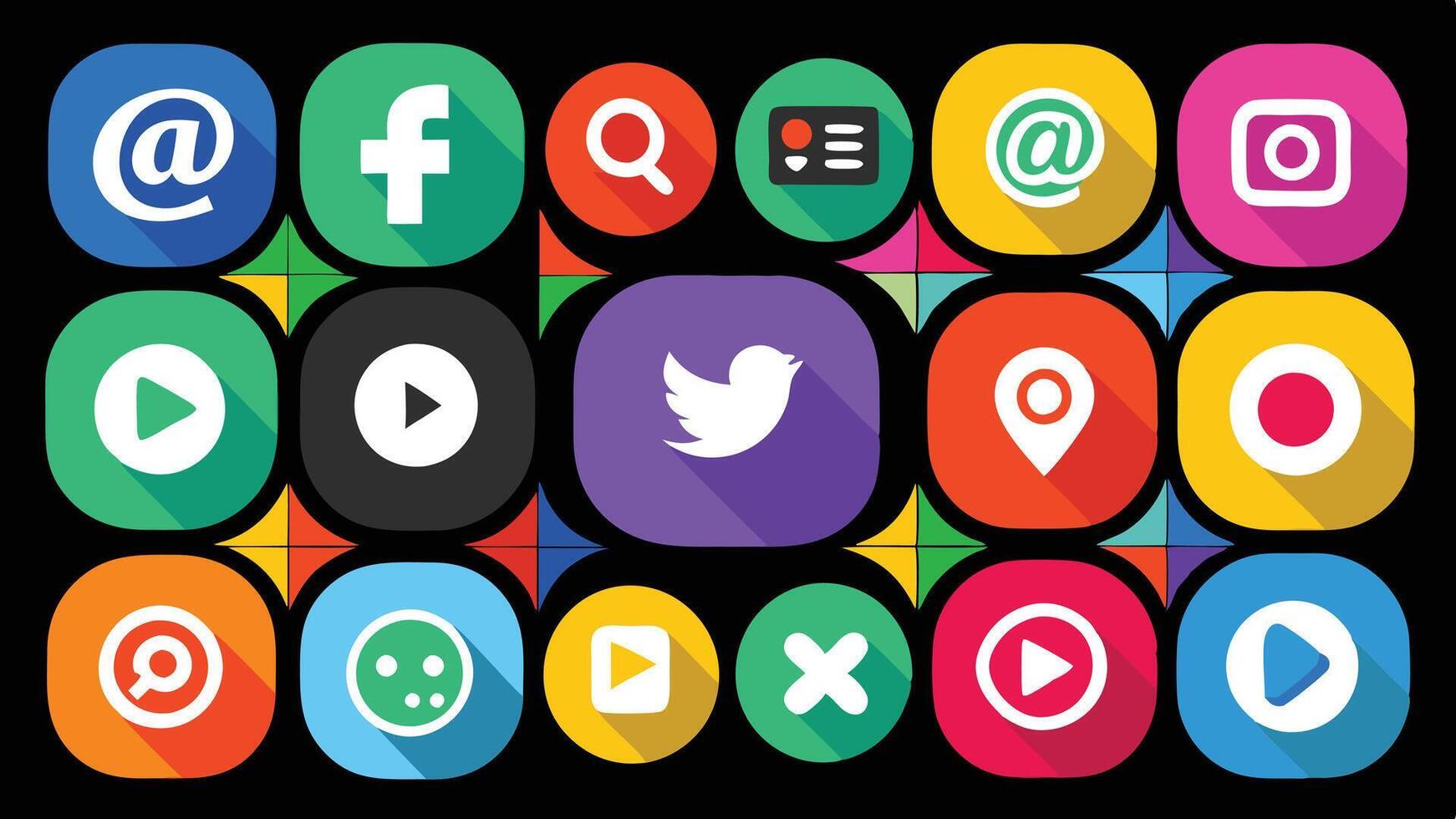 a colorful set of social icons on a black background vector