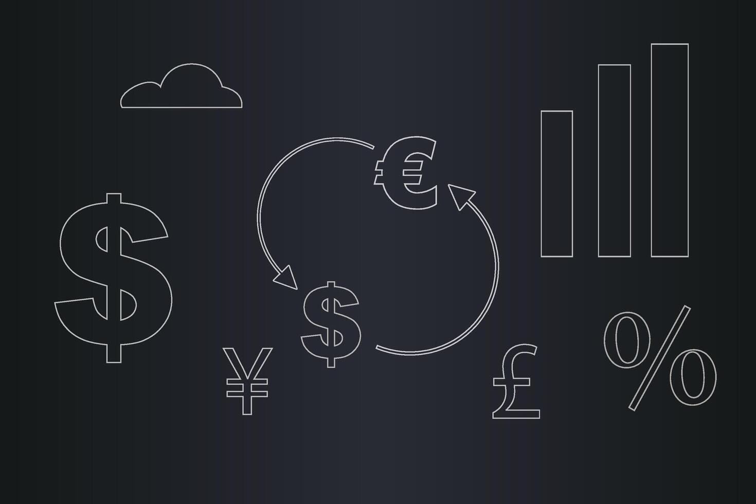 A black and white image of various currencies and a dollar sign vector