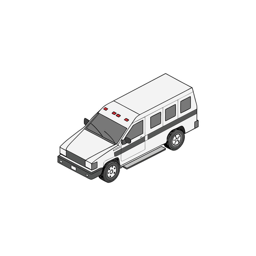 An ambulance is shown in an isometric style vector
