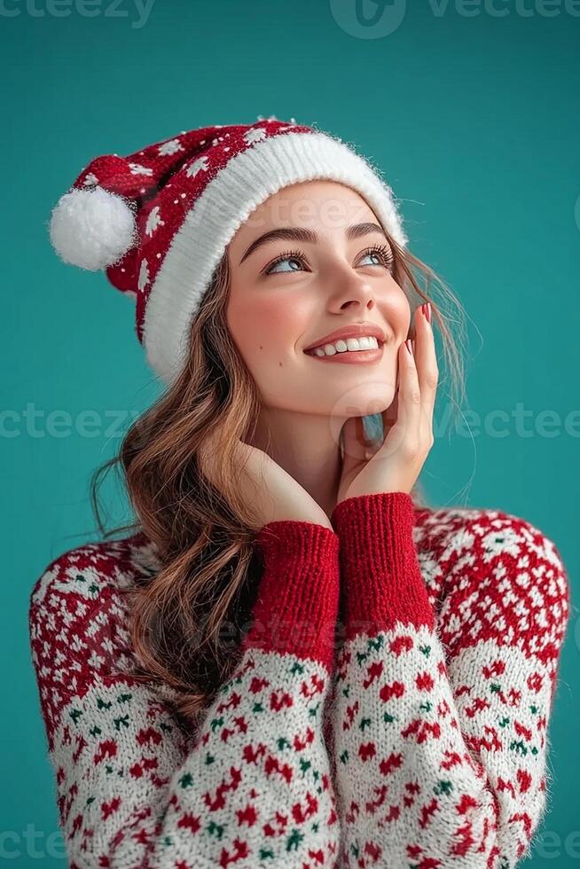 Beautiful woman in christmas sweater and hat photo