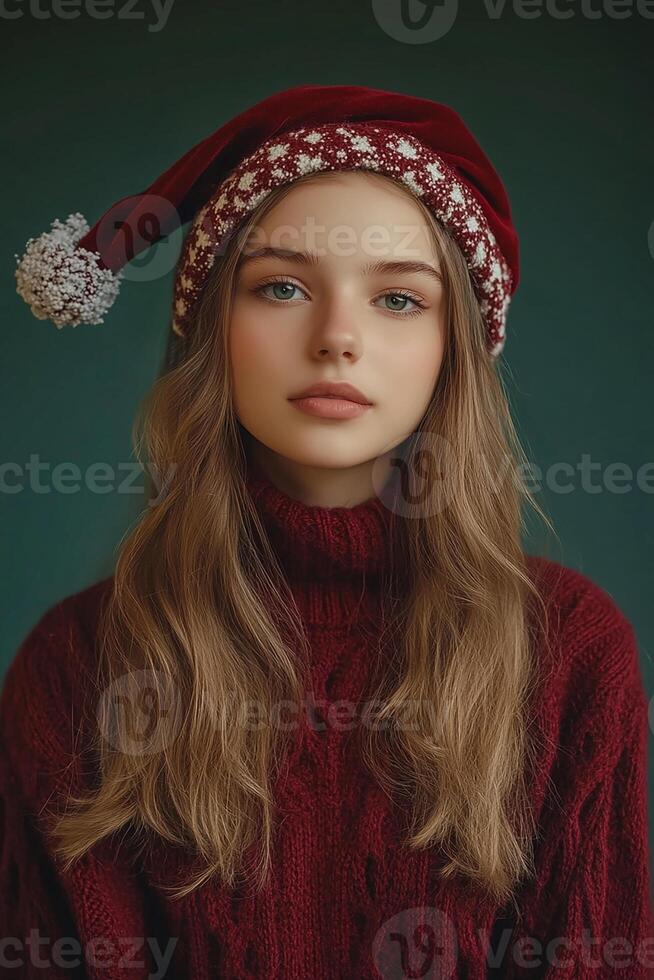 A girl in a red sweater and hat photo