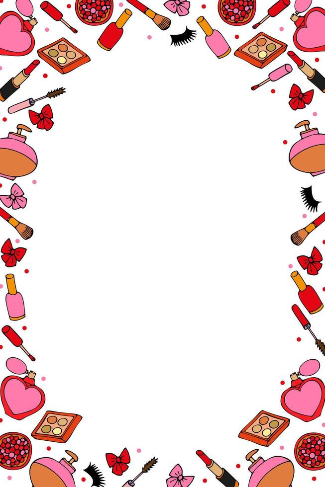 vertical frame of color drawings of cosmetics and perfumes, hand-drawn on a white vertical background. vector