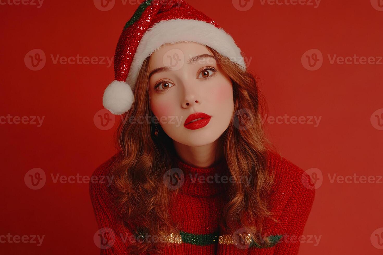 A woman wearing a red sweater and santa hat photo