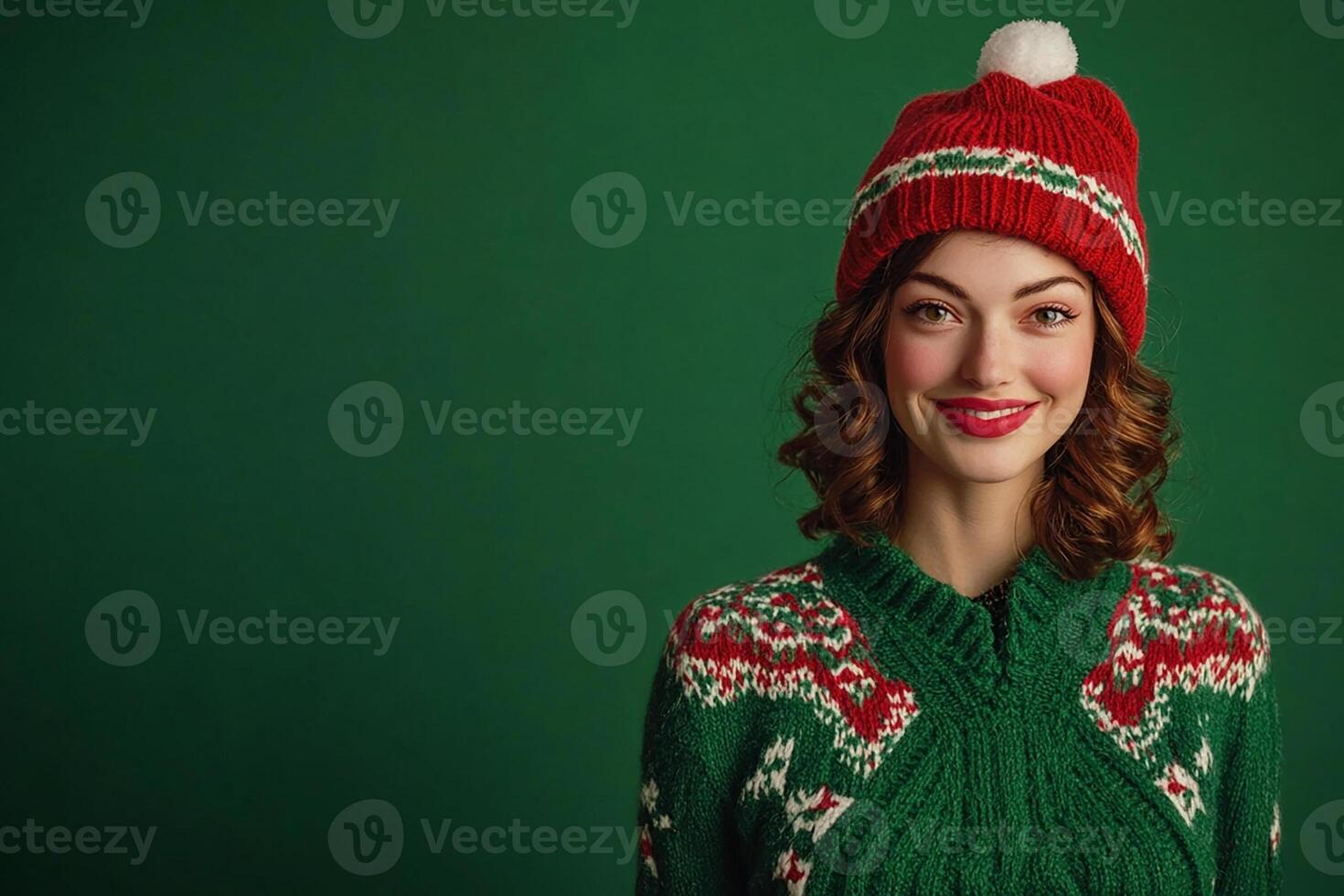 A woman in a christmas sweater and hat photo