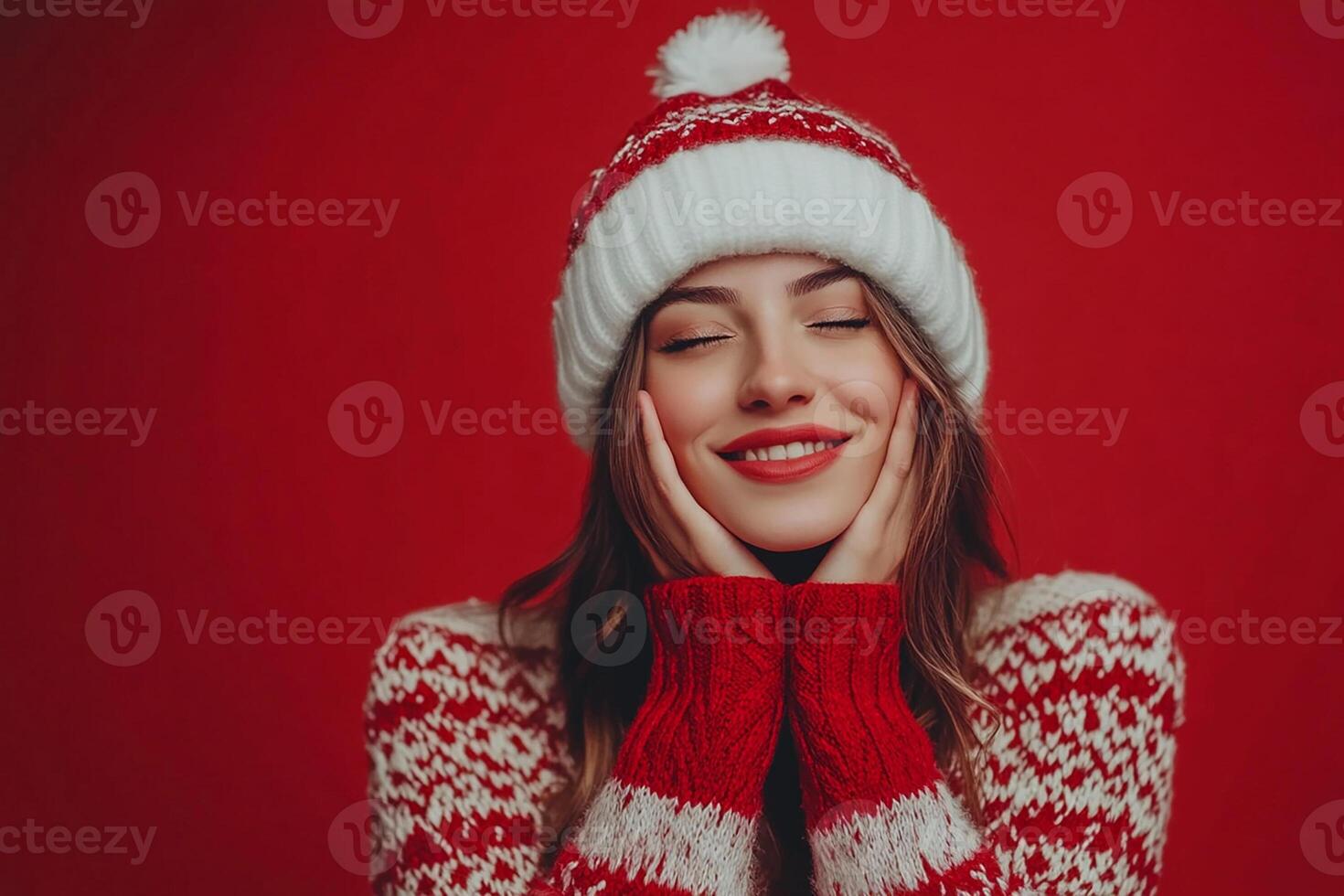 A woman in a red sweater and hat photo