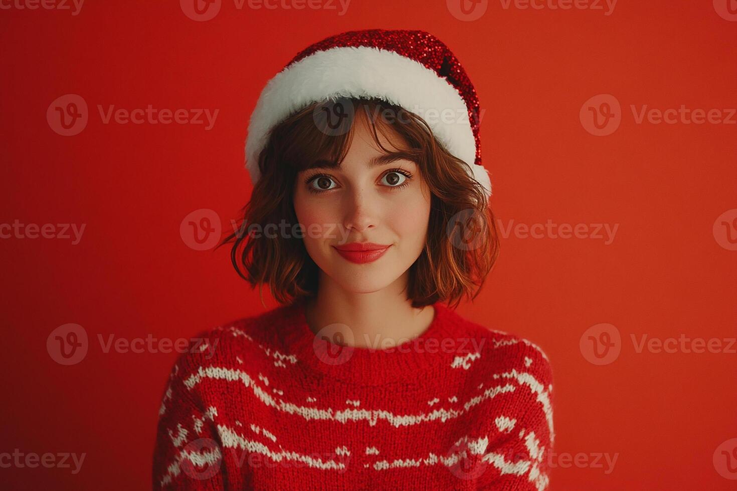 A woman wearing a christmas sweater and santa hat photo