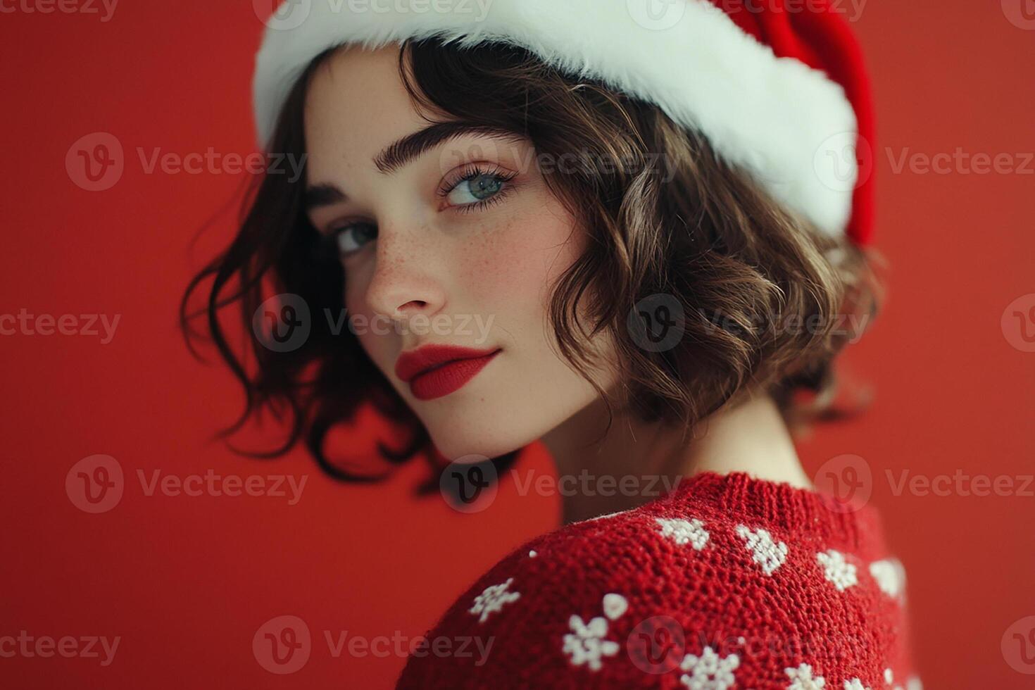 A woman wearing a santa hat and sweater photo