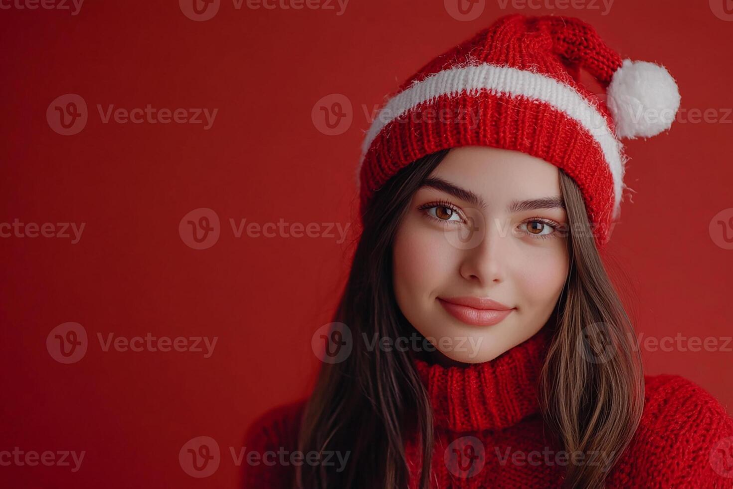 Beautiful young woman in red hat and sweater photo