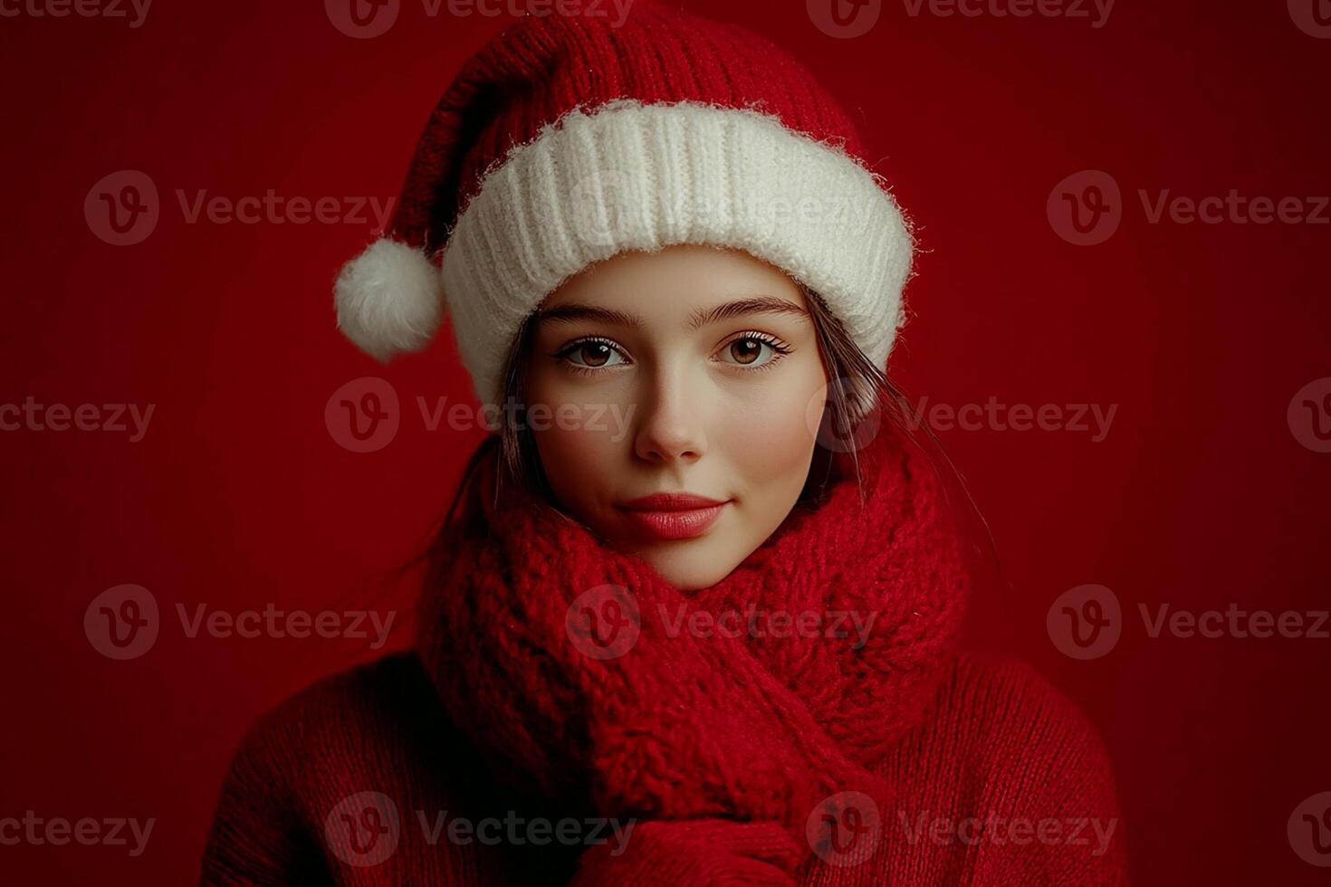 Beautiful young woman in red hat and scarf on red background photo