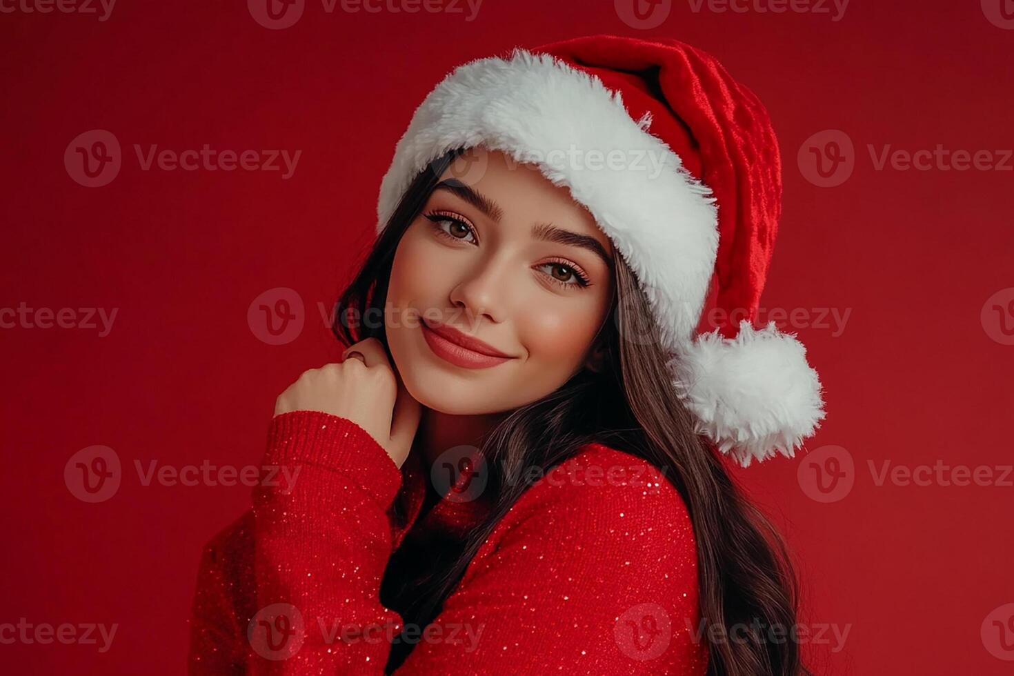 Beautiful young woman in santa hat on red background photo