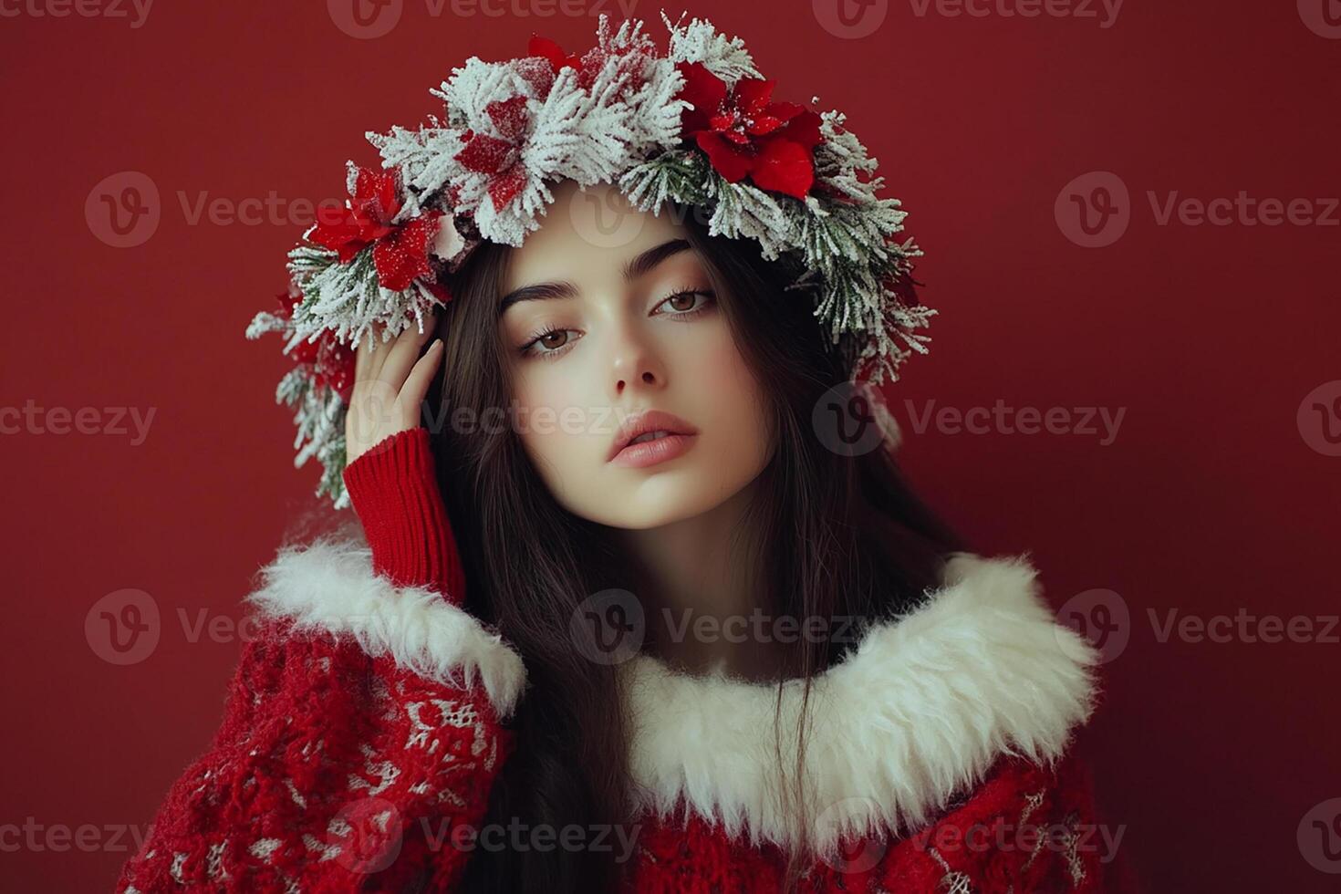 Beautiful girl in red christmas outfit with wreath photo