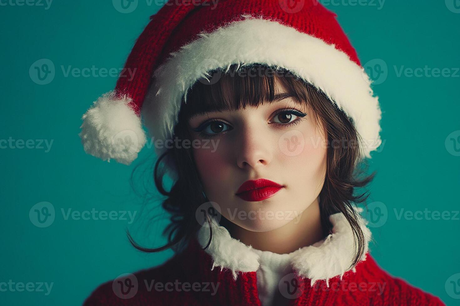 A woman wearing a santa hat and a red sweater photo