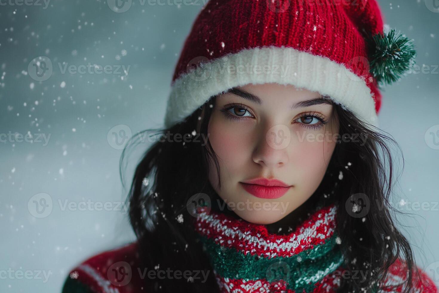 A woman wearing a santa hat and sweater photo
