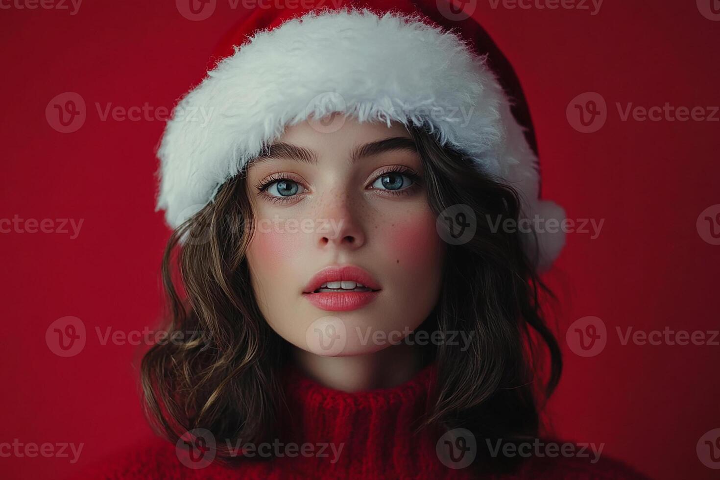 A woman wearing a santa hat and a red sweater photo