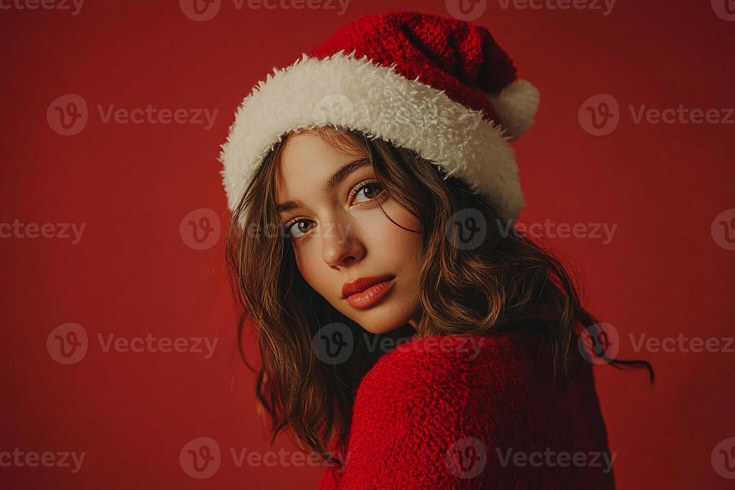 A woman wearing a santa hat on a red background photo