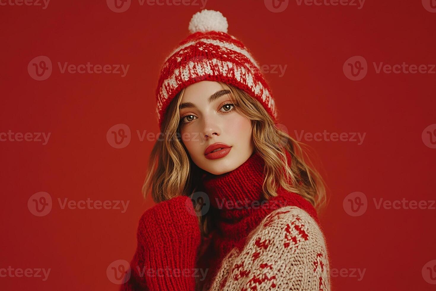 A woman in a red sweater and hat photo