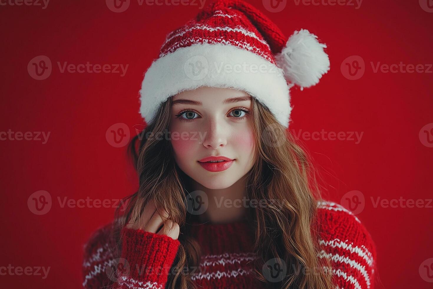 A beautiful young woman wearing a santa hat photo