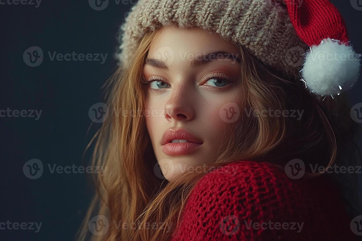 A beautiful young woman in a red sweater and santa hat photo