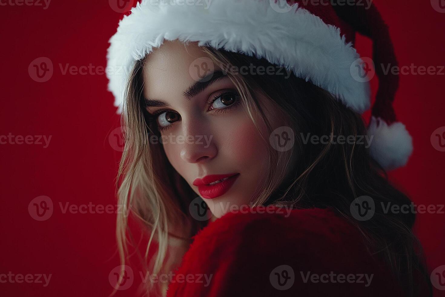 Beautiful young woman in santa hat on red background photo
