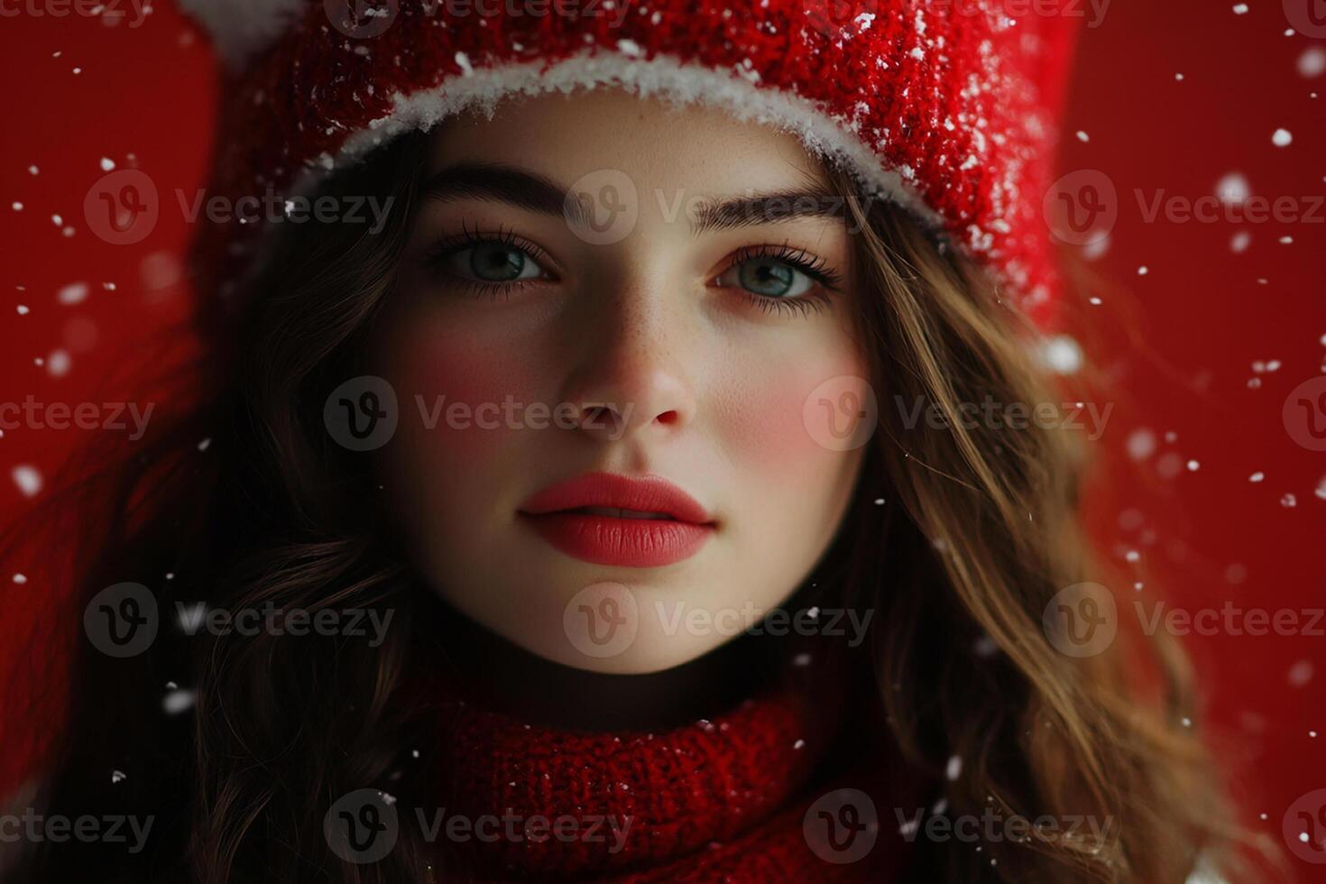 Beautiful girl in red hat and scarf on red background photo