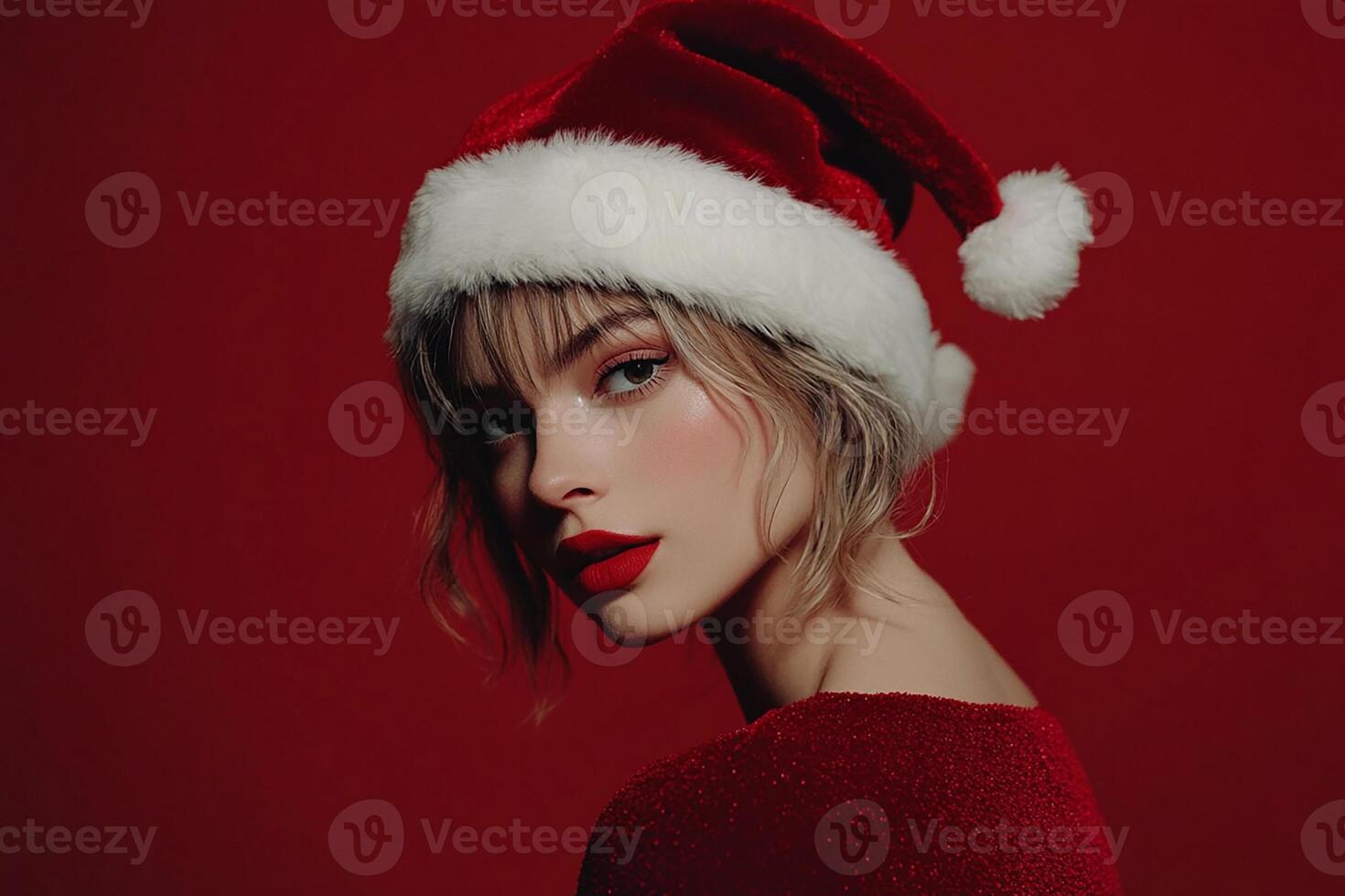 Beautiful woman in santa hat on red background photo