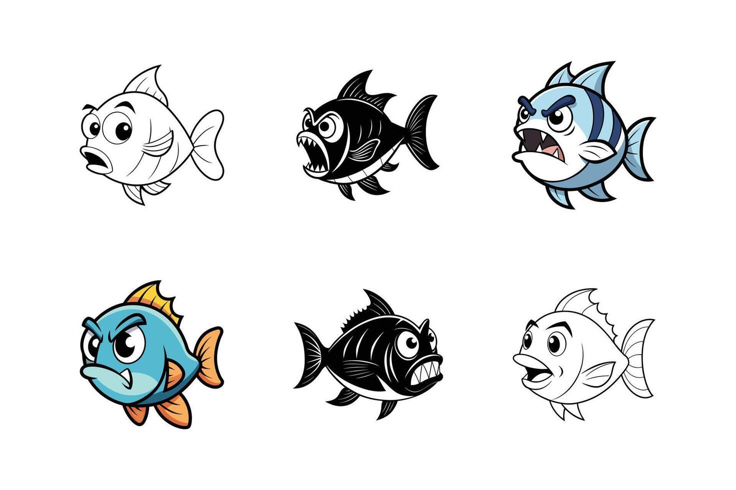 Angry Fish Set - Cartoon Style Illustrations of Aggressive Marine Creatures vector