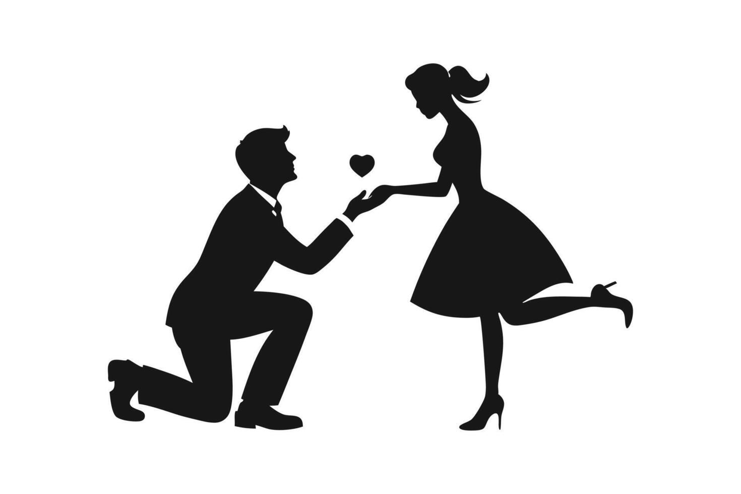 Romantic Valentines Day Proposal - Couple Silhouette with Heart and Engagement Ring Design vector