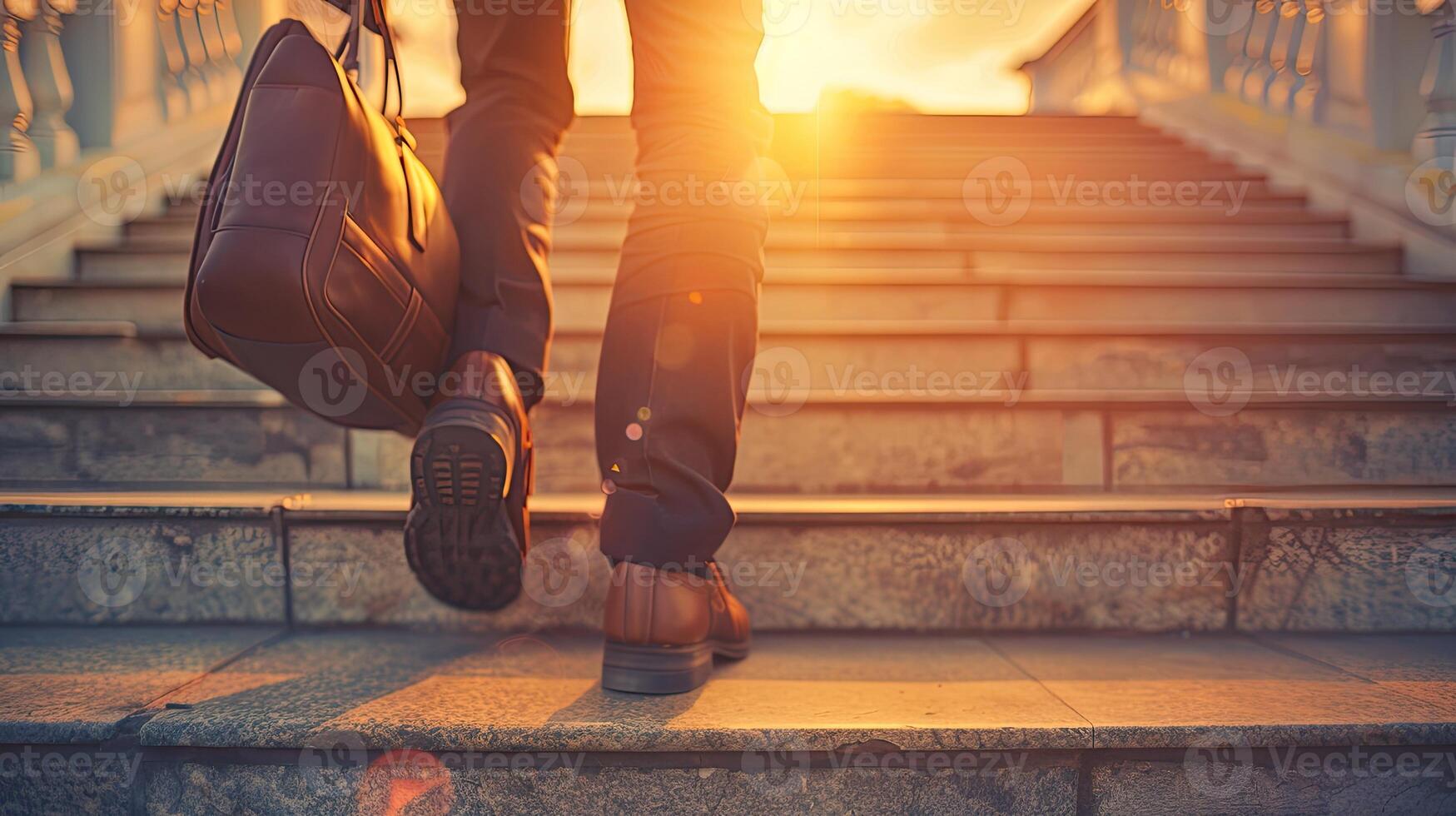 A person walking up stairs with a briefcase photo