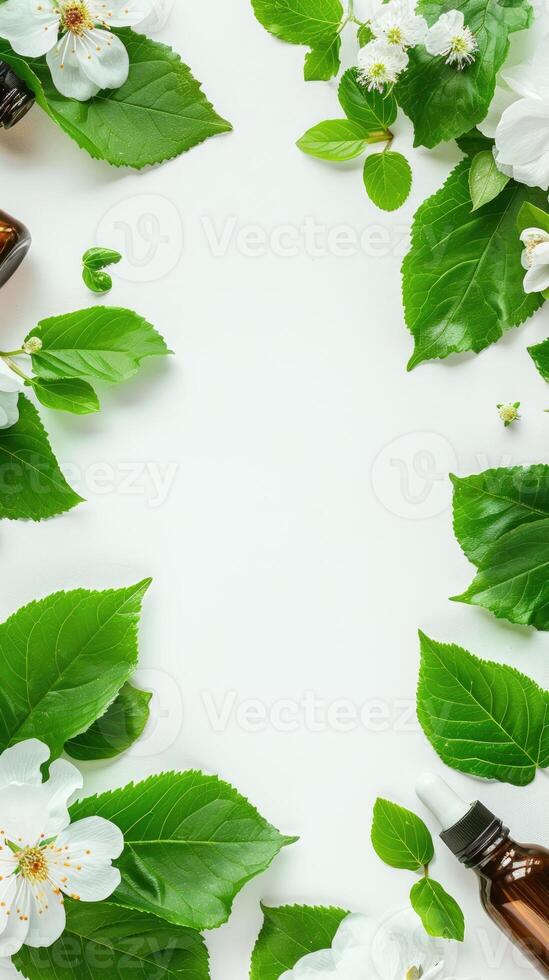 Bottles of essential oils and flowers on a white background photo