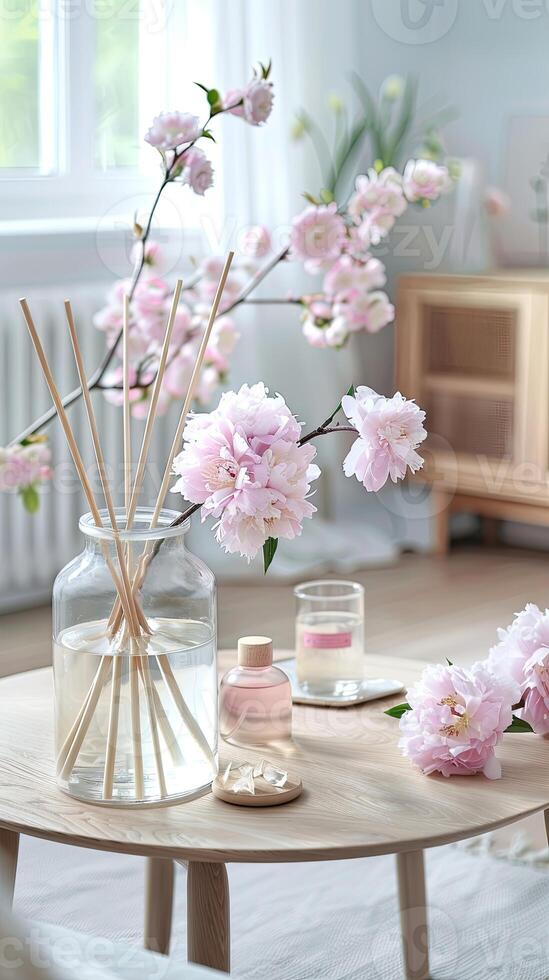 A table with a vase of flowers and a vase of water photo