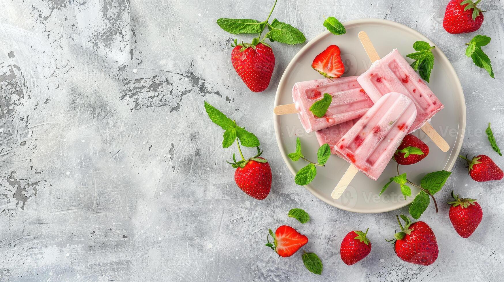 Ice cream popsicles with strawberries and mint on a plate photo