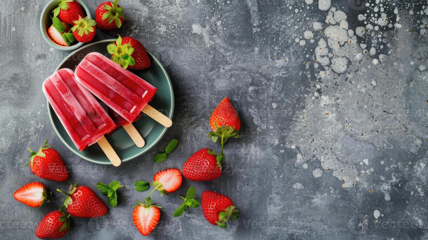 Ice cream popsicles with strawberries on a plate photo