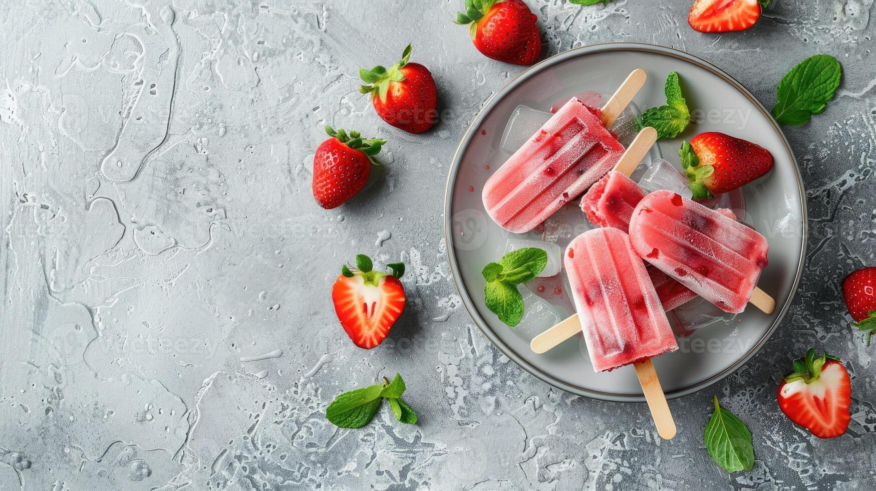 Ice cream popsicles with strawberries and mint on a plate photo