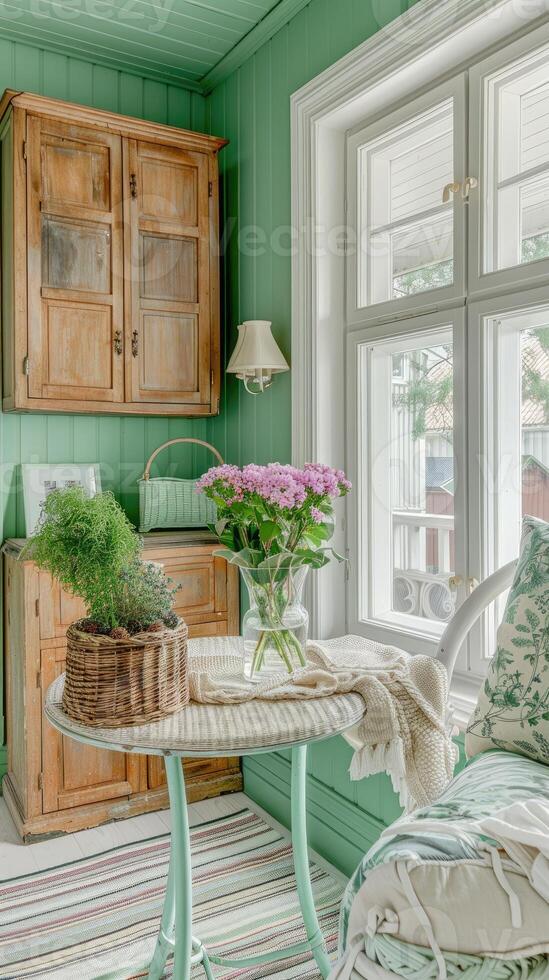 A green room with a table and chairs photo