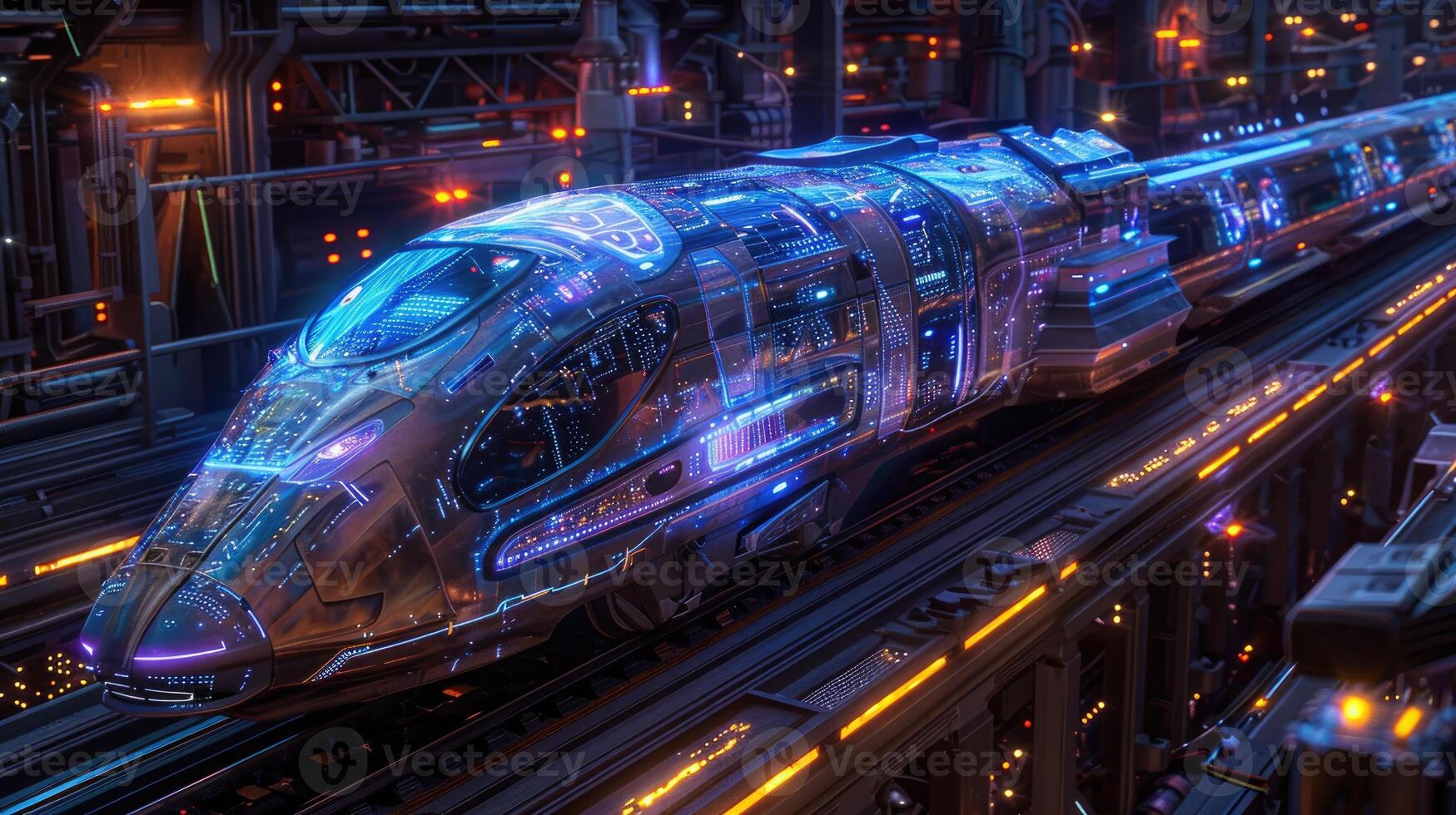 A futuristic train is traveling through a futuristic city photo