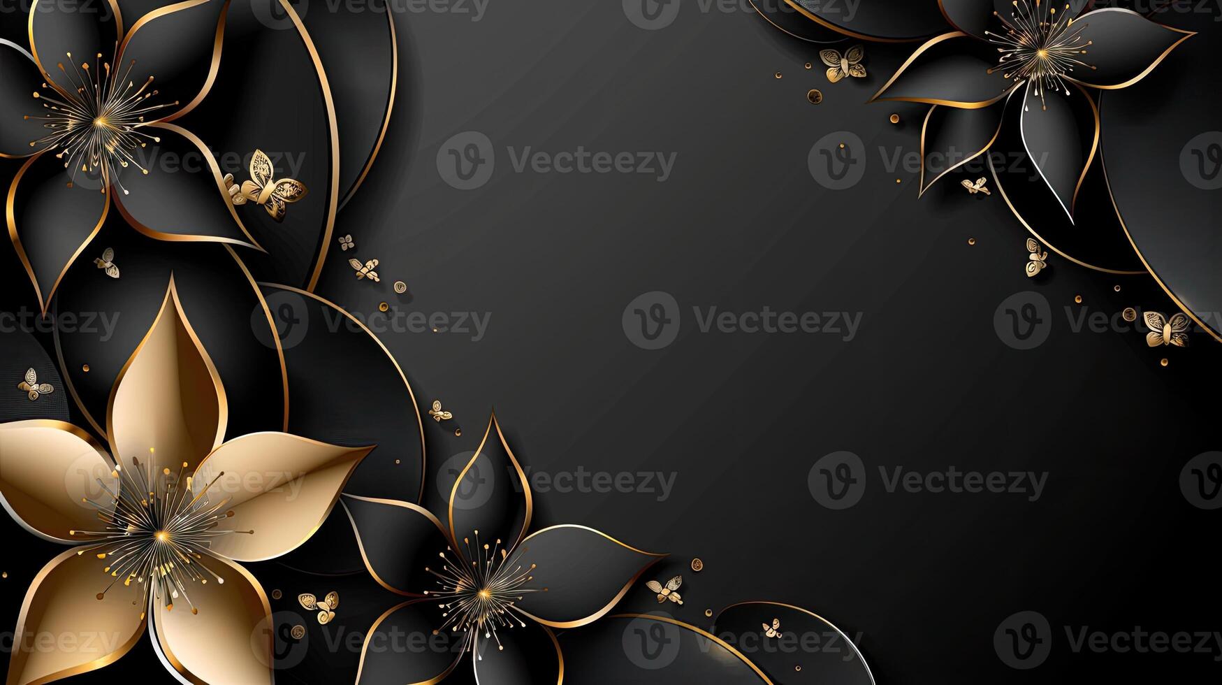 Black and gold floral background with gold butterflies photo