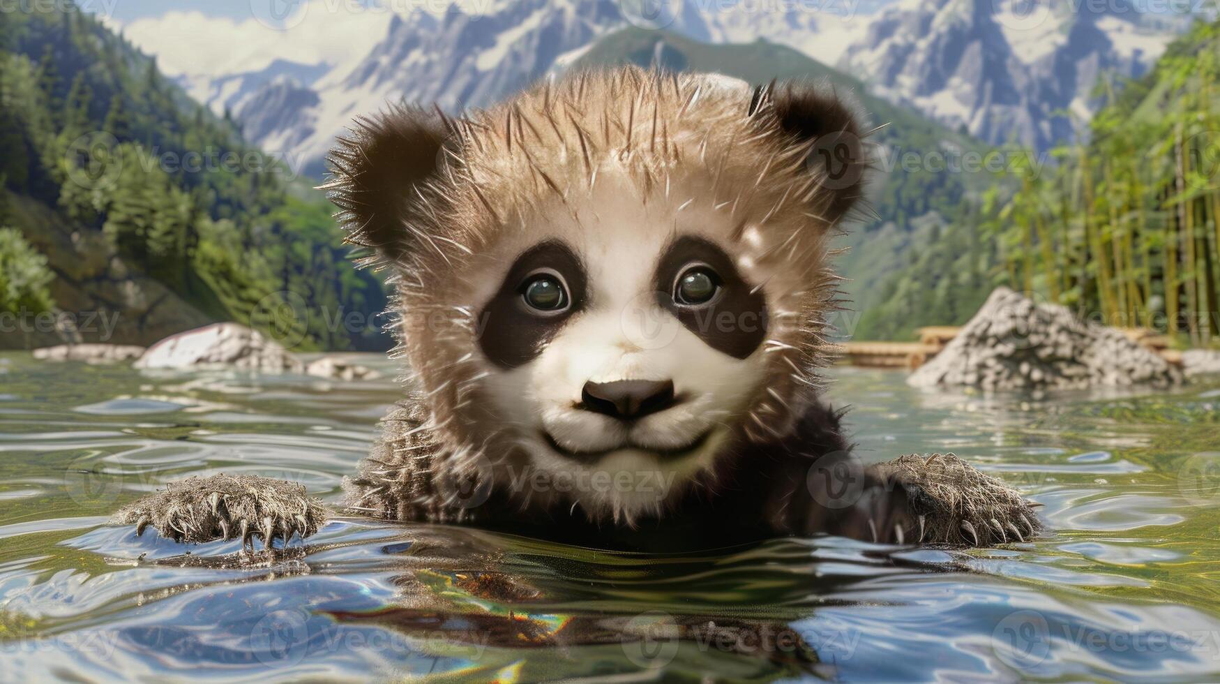 A panda bear swimming in a river with mountains in the background photo