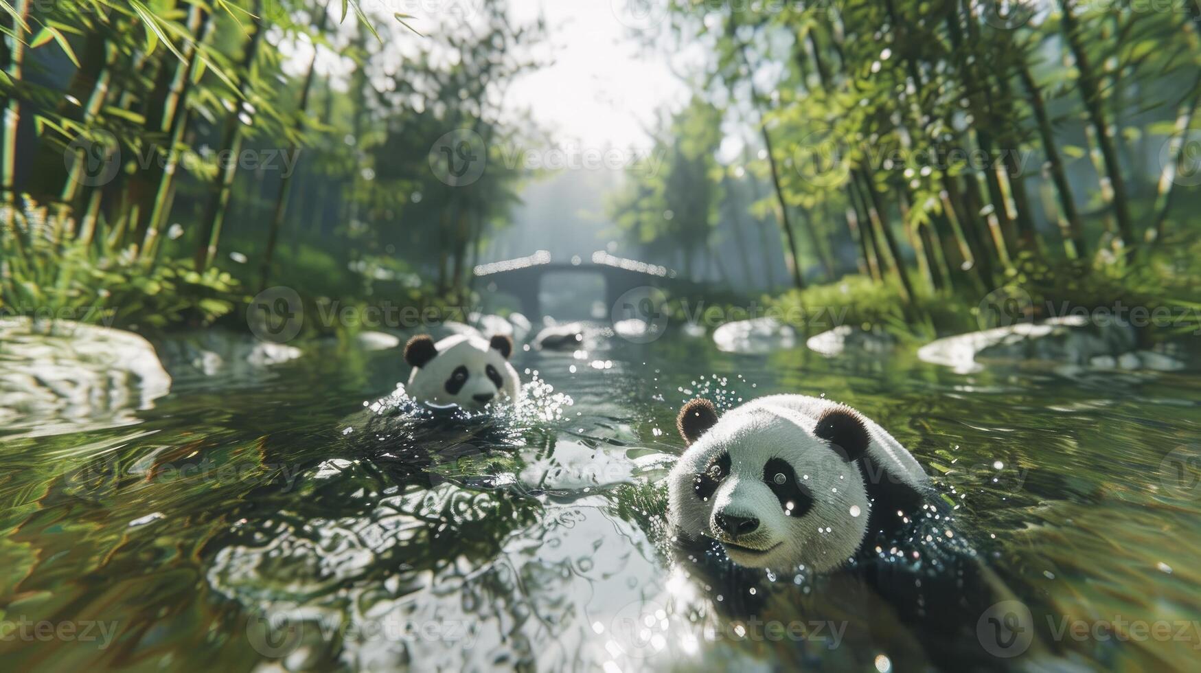 Panda bears swimming in a river photo