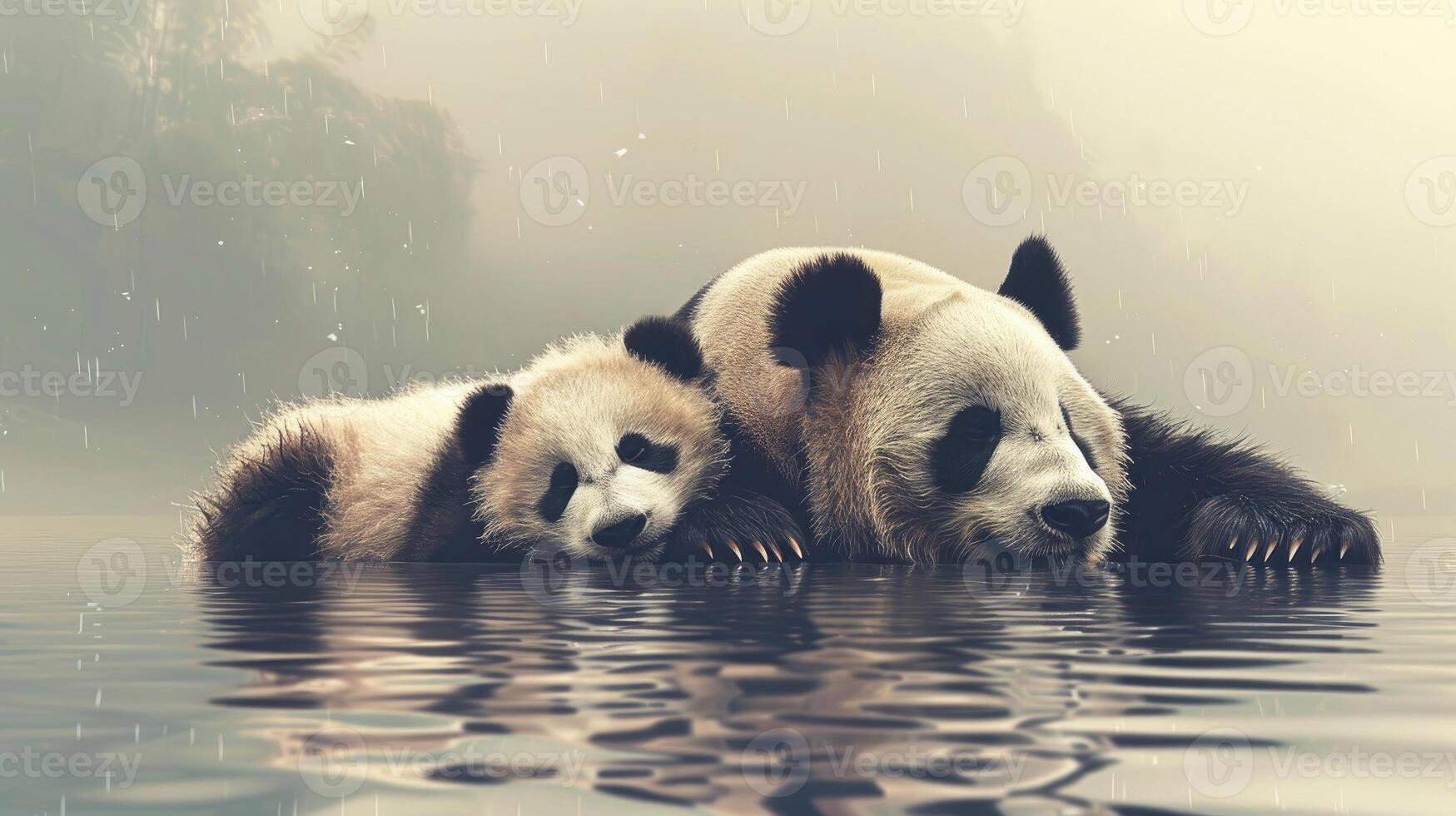 Two panda bears laying in the water photo
