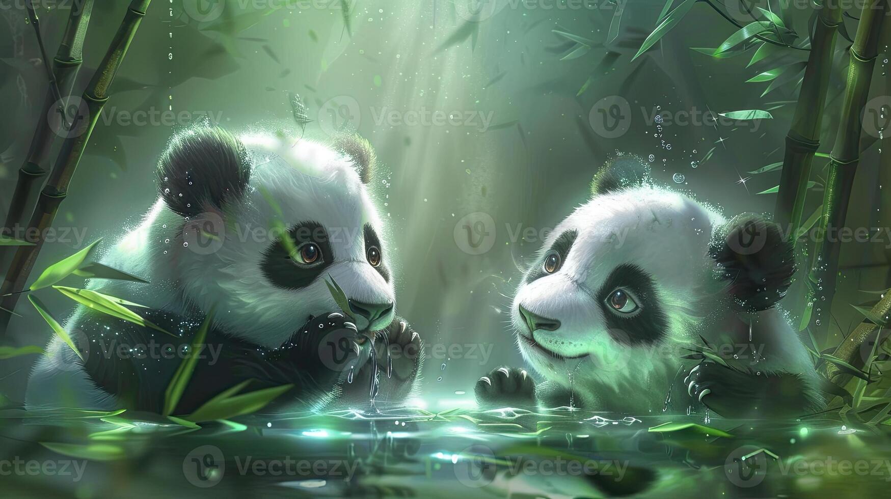 Two panda bears sitting in the water with bamboo leaves photo