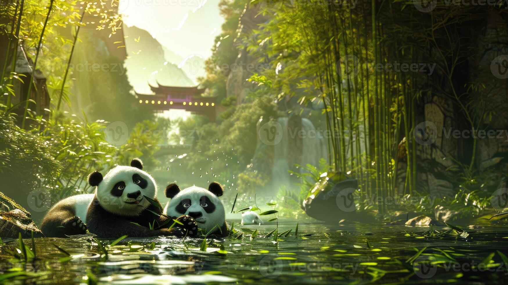 Two panda bears in the water with bamboo trees photo