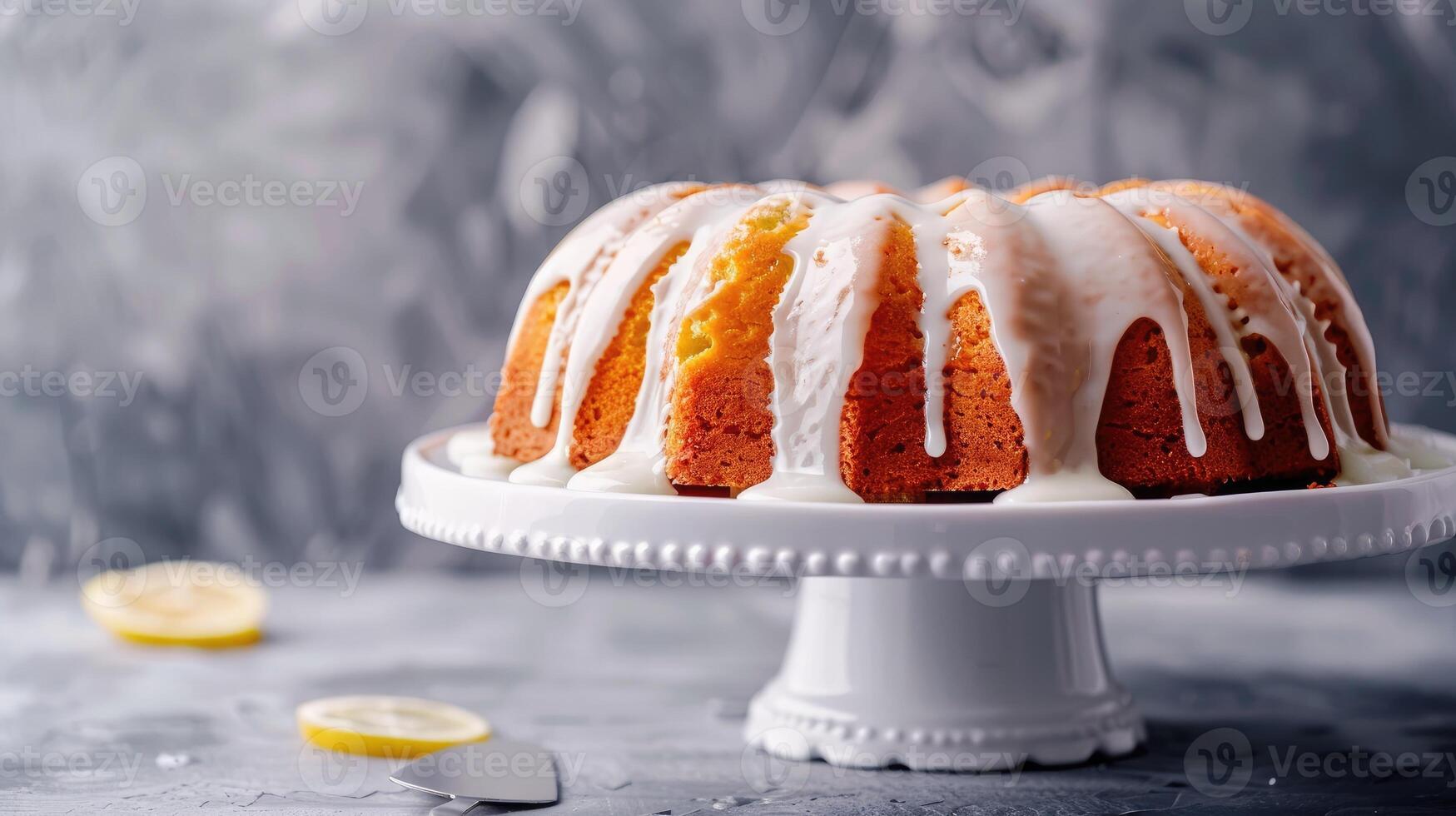 A bundt cake with lemon icing on a white cake stand photo
