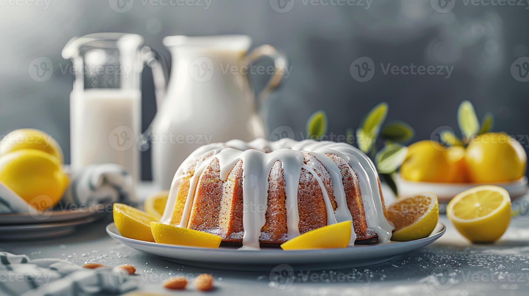 A bundt cake with lemon slices and milk photo