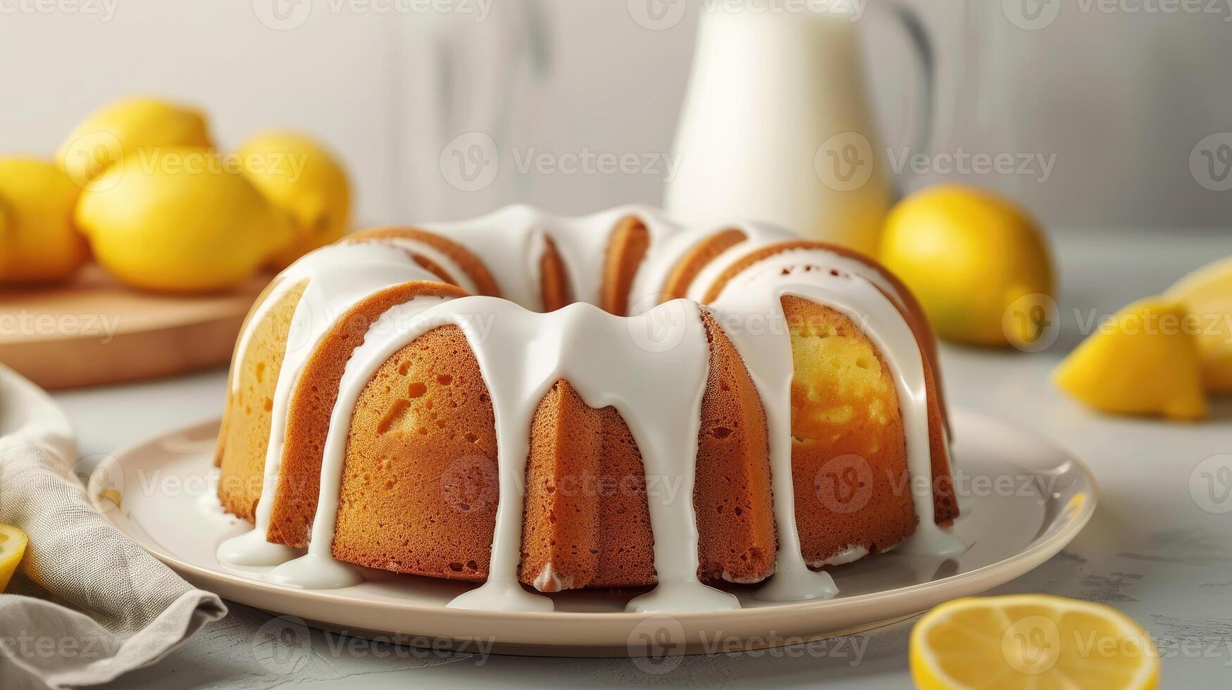 A bundt cake with lemon icing on a plate photo