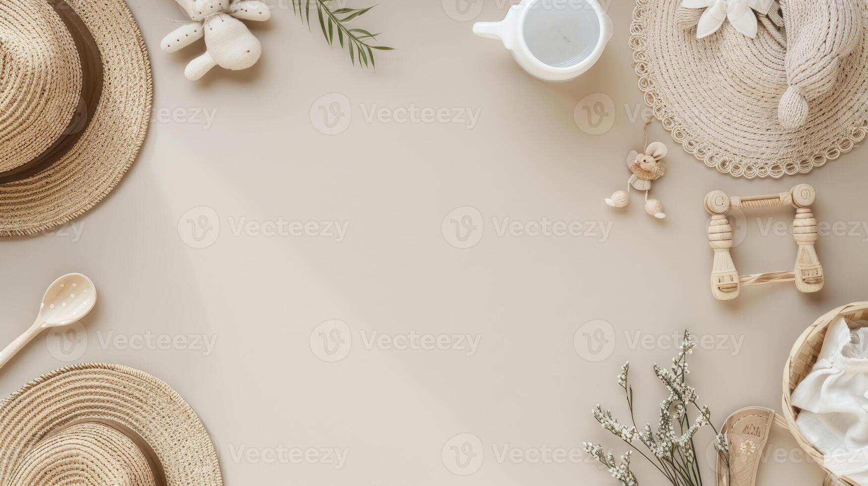 A round table with various items including hats, wooden spoons, and a cup photo
